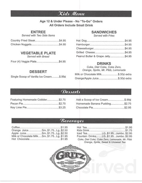 The Southern Shack. . Gritz family restaurant menu